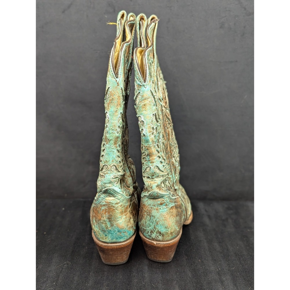 Corral Boots 7.5M Pointed Snip Toe Women Bronze/Turquoise Engraved Glitter Inlay - Picture 10 of 16